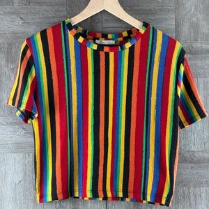 Zara Artistic Multicolored Striped Slight Crop Short Sleeves Top Retro 70s/80s